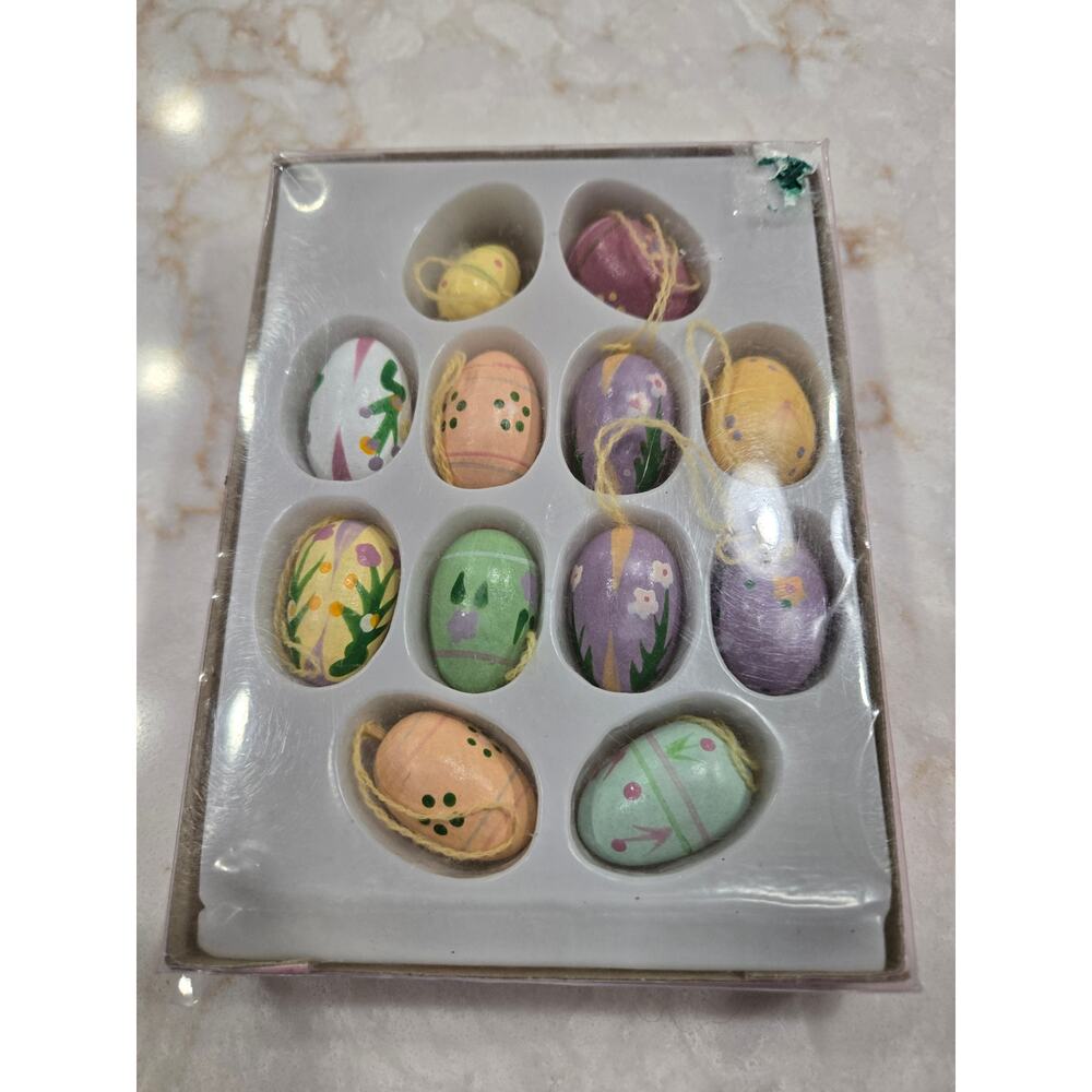 New 12 Easter Tree Ornaments Eggs Wood Holiday Decoration NIP Easter Eggs 1"